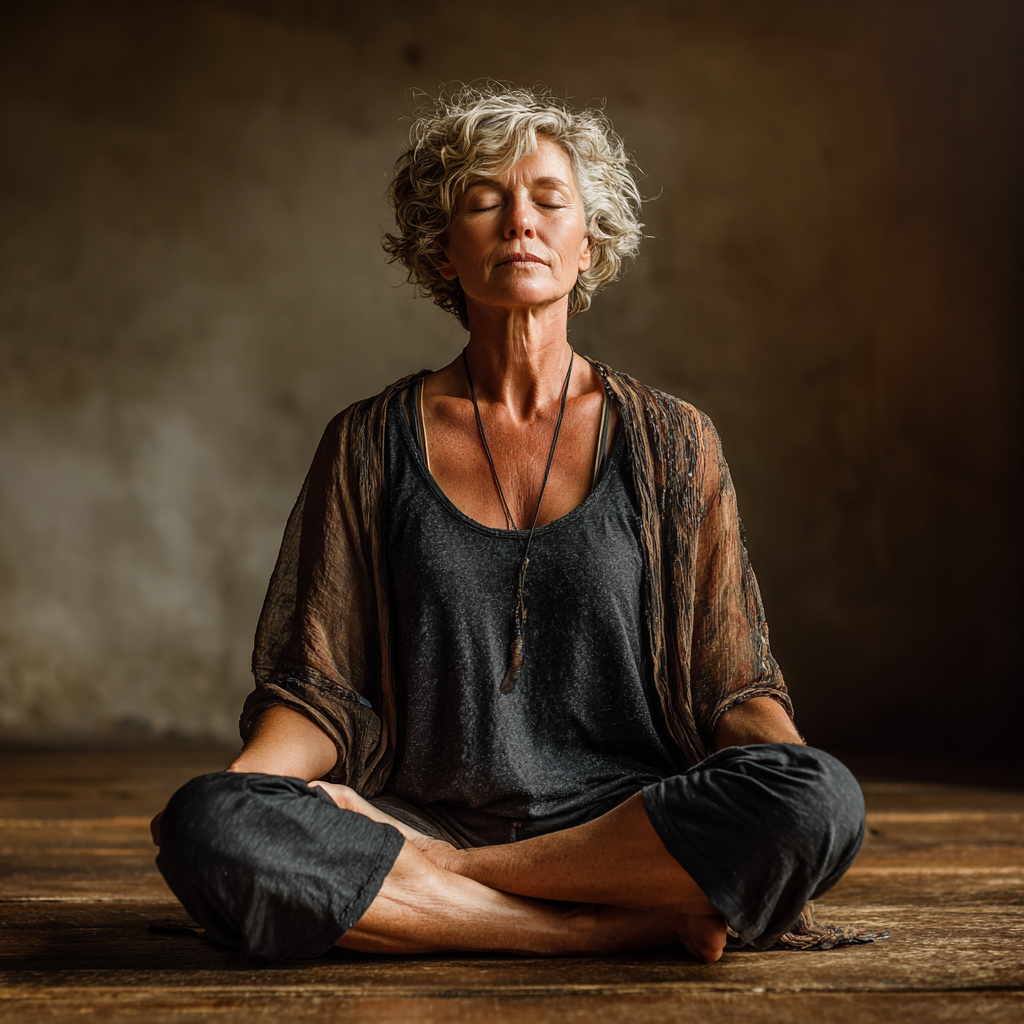 Mature woman in her 50s practicing yoga meditation pose on wooden floor in peaceful studio environment