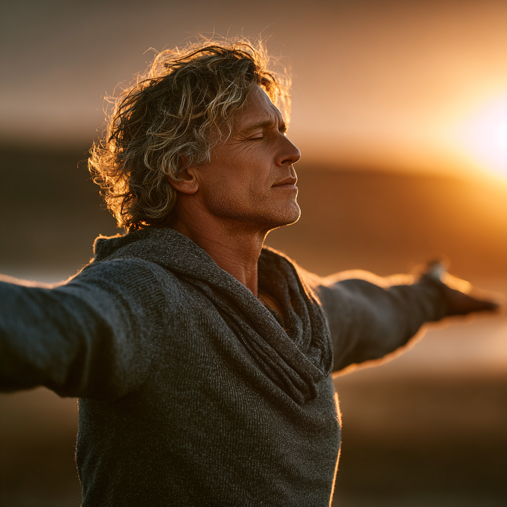 Peaceful middle-aged man in his 40s practicing yoga warrior pose outdoors in natural sunlight setting