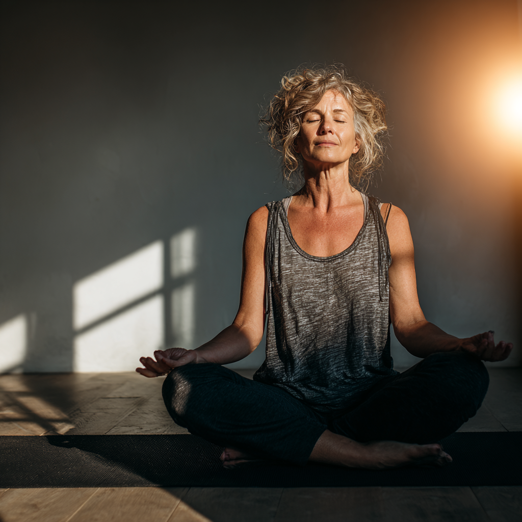 Serene mature woman in her 50s sitting in meditation lotus position on yoga mat in bright natural light studio